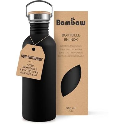 Bambaw Drinkfles van roestvrij staal, 500 ml, zwarte drinkfles, niet-geïsoleerde waterfles, sportfles, roestvrij staal, voor kinderen, metalen fles, zwart onyx Bambaw Drinkfles van roestvrij staal, 500 ml, zwarte drinkfles, niet-geïsoleerde waterfles, sportfles, roestvrij staal, voor kinderen, metalen fles, zwart onyx