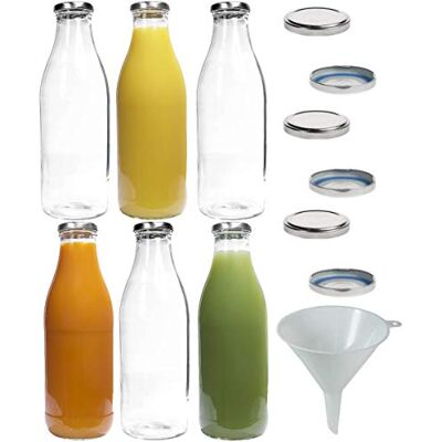 mikken Set van 6 glazen melkflessen van 1 liter met 12 pvc-vrije schroefdoppen met trechter mikken Set van 6 glazen melkflessen van 1 liter met 12 pvc-vrije schroefdoppen met trechter