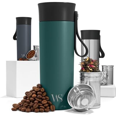 Wilford & Sons Draagbare thermokoffiemok met riem en theezeef van roestvrij staal, 360 ml, 6 uur warm, 10 uur koud, dubbelwandige roestvrijstalen koffiebeker, vacuüm-geïsoleerd, BPA-vrij, waterdicht Wilford & Sons Draagbare thermokoffiemok met riem en theezeef van roestvrij staal, 360 ml, 6 uur warm, 10 uur koud, dubbelwandige roestvrijstalen koffiebeker, vacuüm-geïsoleerd, BPA-vrij, waterdicht