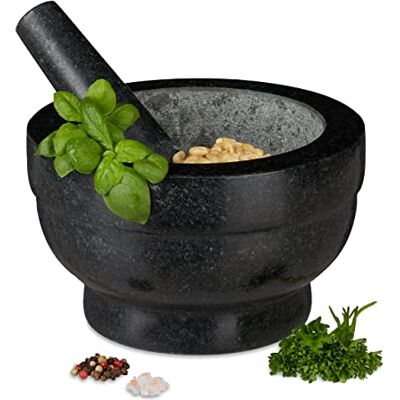 Relaxdays Granieten vijzel met stamper, robuust, voor specerijen, kruiden, steenmortel, gepolijst, 5,6 kg, 1 l, zwart Relaxdays Granieten vijzel met stamper, robuust, voor specerijen, kruiden, steenmortel, gepolijst, 5,6 kg, 1 l, zwart
