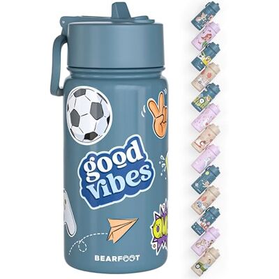 BEARFOOT Drinkfles van roestvrij staal voor kinderen, 400 ml (blauw stickers) BEARFOOT Drinkfles van roestvrij staal voor kinderen, 400 ml (blauw stickers)