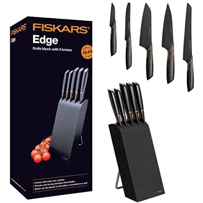 Fiskars 1003099 Messenblok met 5 messen, breedte: 15,5 cm, hoogte: 37 cm, berkenhout, zwart, Edge,Geen Fiskars 1003099 Messenblok met 5 messen, breedte: 15,5 cm, hoogte: 37 cm, berkenhout, zwart, Edge,Geen