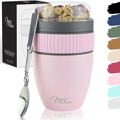 Milu Muesli beker to go 400ml I geïsoleerde yoghurt beker voor muesli I lekvrije beker met lepel voor yoghurt / pap (Roze) Milu Muesli beker to go 400ml I geïsoleerde yoghurt beker voor muesli I lekvrije beker met lepel voor yoghurt / pap (Roze)