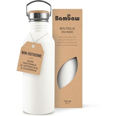 Bambaw Roestvrijstalen drinkfles, 750 ml, witte sportfles, niet-geïsoleerde waterfles, BPA-vrije drinkfles, stalen fles, herbruikbare drinkfles, fleece wit Bambaw Roestvrijstalen drinkfles, 750 ml, witte sportfles, niet-geïsoleerde waterfles, BPA-vrije drinkfles, stalen fles, herbruikbare drinkfles, fleece wit