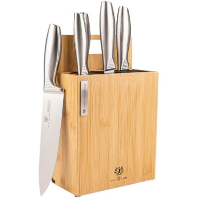 KARL HAUSMANN Keukenmessenset met magnetisch blok – 6-delig – messenblok bamboe met snijplank – keukenmessen roestvrij staal KARL HAUSMANN Keukenmessenset met magnetisch blok – 6-delig – messenblok bamboe met snijplank – keukenmessen roestvrij staal