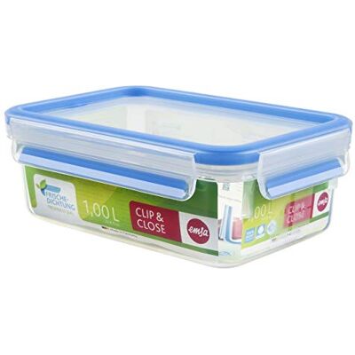 Emsa 508540 Rechthoekige vershouddoos met deksel, 1,0 l, transparant/blauw, Clip & Close Emsa 508540 Rechthoekige vershouddoos met deksel, 1,0 l, transparant/blauw, Clip & Close