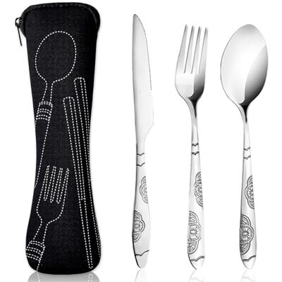 JOOTUEPO 3-delig campingbestek van roestvrij staal, draagbare set met neopreen tas, ideaal voor reizen en kamperen JOOTUEPO 3-delig campingbestek van roestvrij staal, draagbare set met neopreen tas, ideaal voor reizen en kamperen