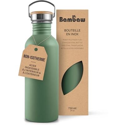 Bambaw Roestvrijstalen drinkfles, 750 ml, groene waterfles, niet-geïsoleerde sportfles, 750 ml roestvrijstalen fles, herbruikbare drinkfles, saliegroen Bambaw Roestvrijstalen drinkfles, 750 ml, groene waterfles, niet-geïsoleerde sportfles, 750 ml roestvrijstalen fles, herbruikbare drinkfles, saliegroen