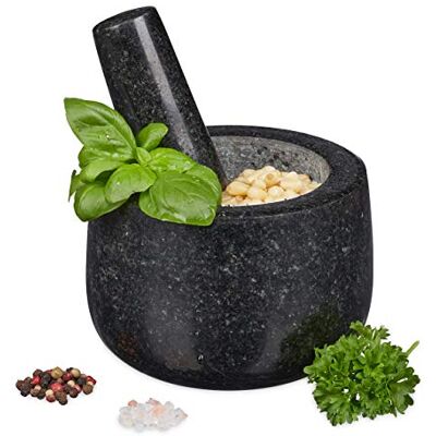 Relaxdays Granieten vijzel met stamper, robuust en duurzaam, specerijen, kruiden, gepolijste steenvijzel, Ø 12 cm, 300 ml, zwart Relaxdays Granieten vijzel met stamper, robuust en duurzaam, specerijen, kruiden, gepolijste steenvijzel, Ø 12 cm, 300 ml, zwart