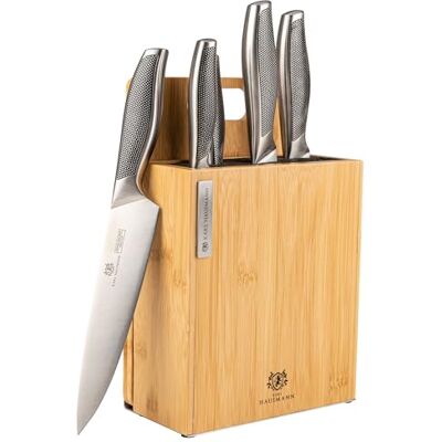 KARL HAUSMANN Keukenmessenset met magnetisch blok – 6-delig – messenblok bamboe met snijplank – keukenmessen roestvrij staal KARL HAUSMANN Keukenmessenset met magnetisch blok – 6-delig – messenblok bamboe met snijplank – keukenmessen roestvrij staal