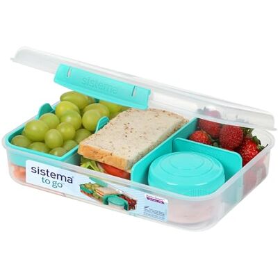 Sistema TO GO Create Bento Box 1,48 liter schoollunchbox met vakken en snackpot BPA-vrij 1 stuk blauwgroen mint Sistema TO GO Create Bento Box 1,48 liter schoollunchbox met vakken en snackpot BPA-vrij 1 stuk blauwgroen mint