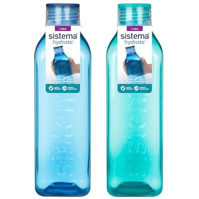 Sistema Set van 2 lekvrije vierkante waterflessen voor kinderen, BPA-vrij, oceaanblauw en mintgroen, 1 liter Sistema Set van 2 lekvrije vierkante waterflessen voor kinderen, BPA-vrij, oceaanblauw en mintgroen, 1 liter
