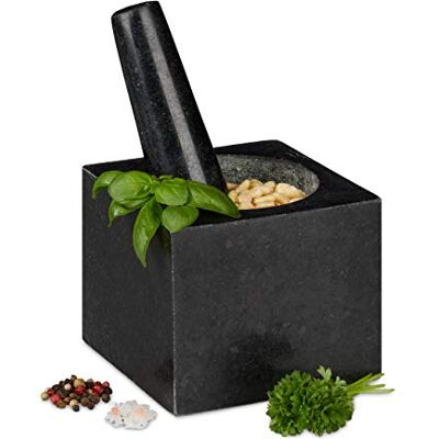Relaxdays Vierkante granieten vijzel met stamper, robuust, specerijen, kruiden, d. 250 ml, 9,5 x 11 x 11 cm mortel steen gepolijst, grijs Relaxdays Vierkante granieten vijzel met stamper, robuust, specerijen, kruiden, d. 250 ml, 9,5 x 11 x 11 cm mortel steen gepolijst, grijs