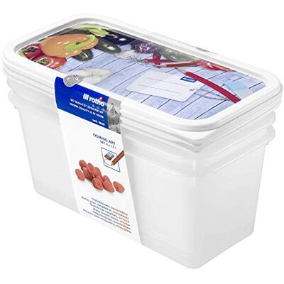 Rotho Domino set van 3 vriezersboxen van 1,5 liter, met beschrijfbaar venster op het deksel, materiaal: kunststof (PP) BPA-vrij, kleur: wit, formaat: 3 x 1,5 liter (23,3 x 11,8 x 11,2 cm) Rotho Domino set van 3 vriezersboxen van 1,5 liter, met beschrijfbaar venster op het deksel, materiaal: kunststof (PP) BPA-vrij, kleur: wit, formaat: 3 x 1,5 liter (23,3 x 11,8 x 11,2 cm)