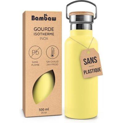 Bambaw Drinkfles van roestvrij staal, 500 ml, roestvrij staal, 500 ml, van metaal, duurzaam en licht, voor warme of koude dranken, met brede opening, compatibel met theeballen (keizerlijk geel) Bambaw Drinkfles van roestvrij staal, 500 ml, roestvrij staal, 500 ml, van metaal, duurzaam en licht, voor warme of koude dranken, met brede opening, compatibel met theeballen (keizerlijk geel)
