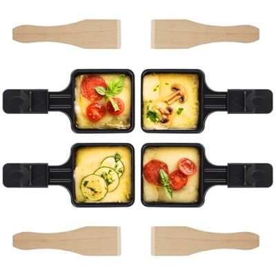 Hisdricus Set van 4 vervangende raclettepannen met antiaanbaklaag en 4 houten schrapers voor het grillen van kaas, eieren Hisdricus Set van 4 vervangende raclettepannen met antiaanbaklaag en 4 houten schrapers voor het grillen van kaas, eieren
