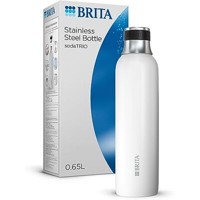 Brita sodaTRIO thermosfles RVS wit klein 0,65L incl. 1x RVS fles wit klein voor gebruik met bruiswatermachine sodaTRIO Dubbelwandig geïsoleerd, met antislip siliconen ring op dop, klein Brita sodaTRIO thermosfles RVS wit klein 0,65L incl. 1x RVS fles wit klein voor gebruik met bruiswatermachine sodaTRIO Dubbelwandig geïsoleerd, met antislip siliconen ring op dop, klein