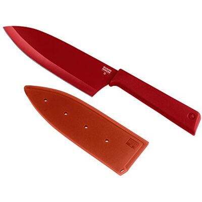 KUHN RIKON COLORI+ 27,5 cm groot Santoku-mes met lemmetbescherming van roestvrij staal, anti-aanbaklaag, rood KUHN RIKON COLORI+ 27,5 cm groot Santoku-mes met lemmetbescherming van roestvrij staal, anti-aanbaklaag, rood