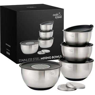 OS Oak & Steel ENGLAND Oak & Steel 4 Roestvrijstalen Mengkommen, Slakom Set met Antislip Bodem (4,5 l, 3,5 l, 2,5 l, 2 l), 4 Luchtdichte Deksels en 3 Verstelbare Raspen Geschenkset OS Oak & Steel ENGLAND Oak & Steel 4 Roestvrijstalen Mengkommen, Slakom Set met Antislip Bodem (4,5 l, 3,5 l, 2,5 l, 2 l), 4 Luchtdichte Deksels en 3 Verstelbare Raspen Geschenkset