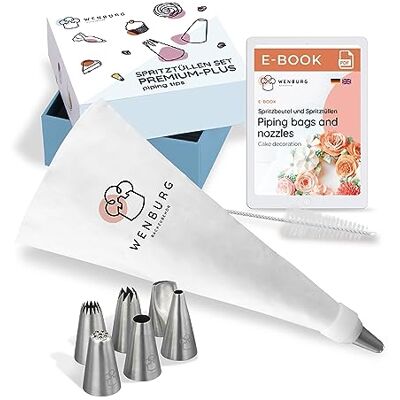 Wenburg Premium Plus Spuitzakken, 7 grote spuitmonden, katoenen spuitzak, 40 cm, professionele roestvrijstalen opzetstukken voor cake, taarten, cupcake-decoratie, herbruikbaar (7 (set Premium Plus)) Wenburg Premium Plus Spuitzakken, 7 grote spuitmonden, katoenen spuitzak, 40 cm, professionele roestvrijstalen opzetstukken voor cake, taarten, cupcake-decoratie, herbruikbaar (7 (set Premium Plus))