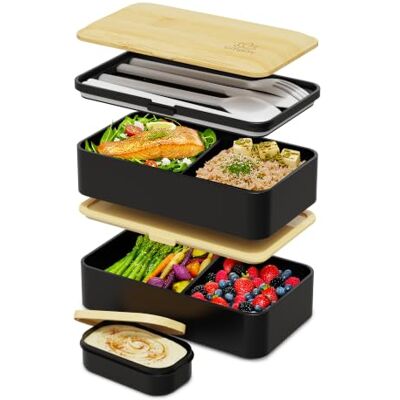 Umami lunchbox, ideaal cadeau voor mannen en vrouwen, alles inclusief: 4 houten bestek en 1 sauspan (schroefbaar), luchtdichte Japanse bento-box met 2 lagen, magnetron- en vaatwasserbestendig, afvalvrij, BPA-vrij Umami lunchbox, ideaal cadeau voor mannen en vrouwen, alles inclusief: 4 houten bestek en 1 sauspan (schroefbaar), luchtdichte Japanse bento-box met 2 lagen, magnetron- en vaatwasserbestendig, afvalvrij, BPA-vrij