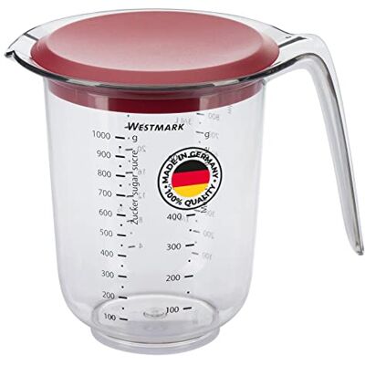 Westmark Maatbeker, met deksel, meertalige schaal en verschillende maateenheden, vulvolume: 1 liter, kunststof, transparant/rood, 30662270 Westmark Maatbeker, met deksel, meertalige schaal en verschillende maateenheden, vulvolume: 1 liter, kunststof, transparant/rood, 30662270