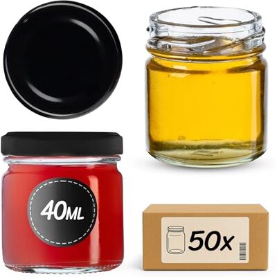 KADAX Set van 50 mini-glazen potten van 40 ml met schroefdeksel, 43 mm, kruiden- en proefpotten, jam- en honingpotten KADAX Set van 50 mini-glazen potten van 40 ml met schroefdeksel, 43 mm, kruiden- en proefpotten, jam- en honingpotten