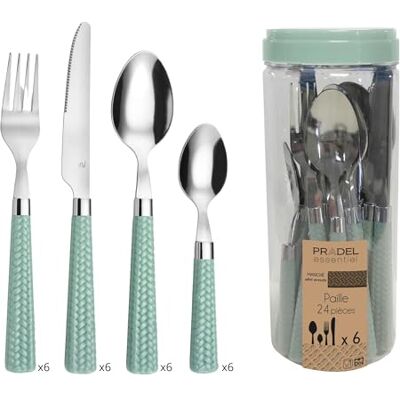 Pradel Essentiel Bestekrietje, 24 bestek, 18/0, voor 6 personen, groen Roestvrij staal 18/0, standaard afwerking, vaatwasmachinebestendig, 24-delig bestek voor 6 personen, watergroen Pradel Essentiel Bestekrietje, 24 bestek, 18/0, voor 6 personen, groen Roestvrij staal 18/0, standaard afwerking, vaatwasmachinebestendig, 24-delig bestek voor 6 personen, watergroen
