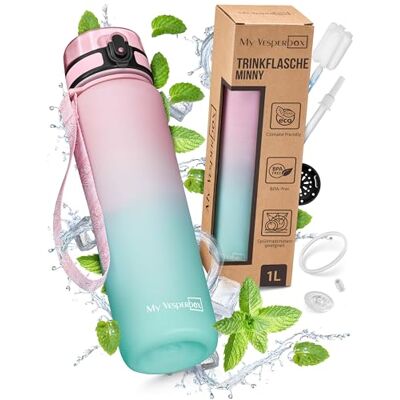 My Vesperbox Minny Drinkfles voor kinderen, lekvrij, 1 liter, met rietje of zeef, lichte Tritan-waterfles, BPA-vrij, voor de kleuterklas, school (roze/turquoise, 1 liter) My Vesperbox Minny Drinkfles voor kinderen, lekvrij, 1 liter, met rietje of zeef, lichte Tritan-waterfles, BPA-vrij, voor de kleuterklas, school (roze/turquoise, 1 liter)