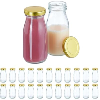 Relaxdays Set van 24 glazen flessen, 150 ml, met schroefsluiting, voor smoothies, sap, melk, navulbaar, transparant/goud Relaxdays Set van 24 glazen flessen, 150 ml, met schroefsluiting, voor smoothies, sap, melk, navulbaar, transparant/goud