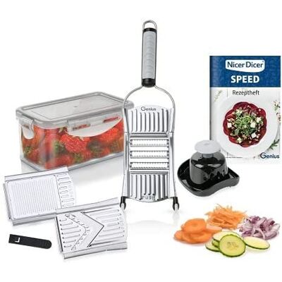 Genius Nicer Dicer Speed Set van 9 groentesnijders met 3 inzetstukken, snijproducthouder en opvangbak 550 ml, Parmezaanse rasp, julienne-rasp en V-snijder, zilverkleurig Genius Nicer Dicer Speed Set van 9 groentesnijders met 3 inzetstukken, snijproducthouder en opvangbak 550 ml, Parmezaanse rasp, julienne-rasp en V-snijder, zilverkleurig