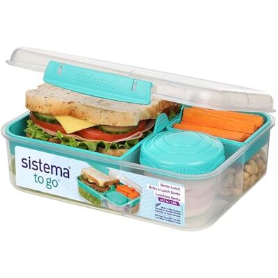 Sistema TO GO Bento lunchbox met vakken en snackpot, 1,65 liter, BPA-vrij, 1 stuk, mint-blauwgroen Sistema TO GO Bento lunchbox met vakken en snackpot, 1,65 liter, BPA-vrij, 1 stuk, mint-blauwgroen