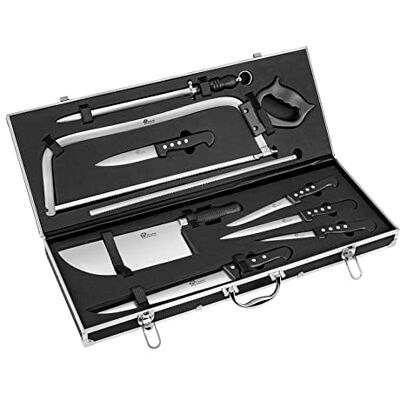 Pradel Excellence Bestekkoffer 9-delig Slagersmes, zaag, slijper roestvrij staal 420J2 Aluminium koffer Logo gegraveerd, zwart, zilver Pradel Excellence Bestekkoffer 9-delig Slagersmes, zaag, slijper roestvrij staal 420J2 Aluminium koffer Logo gegraveerd, zwart, zilver