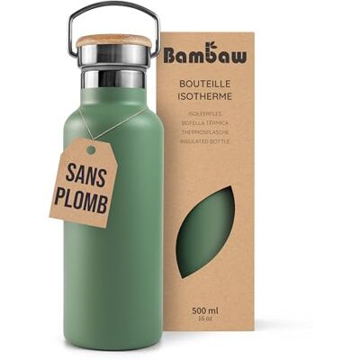 Bambaw Thermosfles, 500 ml, roestvrij staal, geïsoleerd, licht, van metaal, roestbestendig, met handvat en brede mond, ideaal voor reizen en sport (saliegroen) Bambaw Thermosfles, 500 ml, roestvrij staal, geïsoleerd, licht, van metaal, roestbestendig, met handvat en brede mond, ideaal voor reizen en sport (saliegroen)