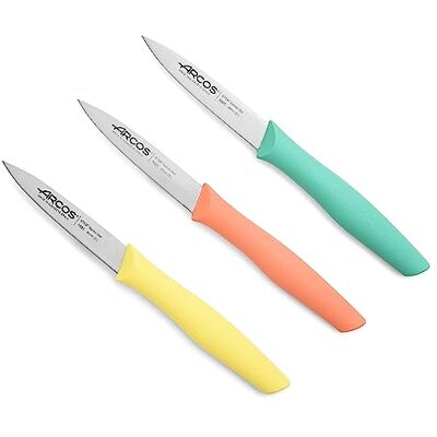 Arcos 3-delige schilmessenset van staal. Kleurrijke messen voor het schillen van groenten en fruit. Ergonomische handgreep van polypropyleen. Nova-serie. Kleur: oranje, geel en blauw. Arcos 3-delige schilmessenset van staal. Kleurrijke messen voor het schillen van groenten en fruit. Ergonomische handgreep van polypropyleen. Nova-serie. Kleur: oranje, geel en blauw.