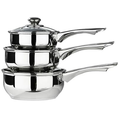 Premier Housewares Pottenset van roestvrij staal, 3-delige set, kookgerei, keukengerei, met glazen deksel Premier Housewares Pottenset van roestvrij staal, 3-delige set, kookgerei, keukengerei, met glazen deksel