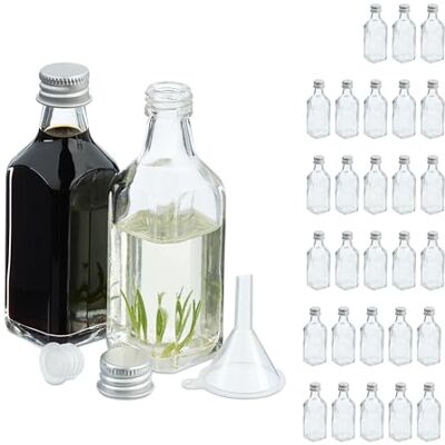 Relaxdays Set van 30 kleine glazen flessen om te vullen, 50 ml, met schroefdop en dop, transparant/zilver Relaxdays Set van 30 kleine glazen flessen om te vullen, 50 ml, met schroefdop en dop, transparant/zilver