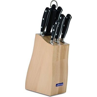 Arcos 6-delige gesmede messenset. 4055 gr. Multifunctioneel keukenmes voor het snijden van vlees en groenten. Ergonomisch handvat van polyoxymethyleen POM. Riviera serie. Kleur zwart. Arcos 6-delige gesmede messenset. 4055 gr. Multifunctioneel keukenmes voor het snijden van vlees en groenten. Ergonomisch handvat van polyoxymethyleen POM. Riviera serie. Kleur zwart.