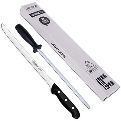 Arcos Serie Maitres Ham Knife Set Chaira, 2-delig, Ham Knife Set 275 mm + Sharpener stoelschaar 230 mm, professionele hamhouder (milieuvriendelijke verpakking) Arcos Serie Maitres Ham Knife Set Chaira, 2-delig, Ham Knife Set 275 mm + Sharpener stoelschaar 230 mm, professionele hamhouder (milieuvriendelijke verpakking)