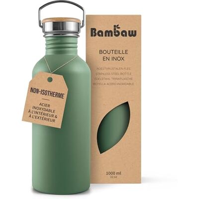Bambaw Niet-geïsoleerde waterfles van roestvrij staal, 1 liter, saliegroen, BPA-vrij, lekvrij, herbruikbaar Bambaw Niet-geïsoleerde waterfles van roestvrij staal, 1 liter, saliegroen, BPA-vrij, lekvrij, herbruikbaar
