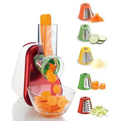 Moulinex Fresh Express DJ755G10 5-in-1 groentesnijder, schijf, dun, rasp, brede voedingsbuis, kegel met kleurgecodeerd, gemaakt in Frankrijk, kersenrood/wit Groenterasp met gepatenteerd twist-systeem, directe service, 5 roestvrijstalen kegels voor het s Moulinex Fresh Express DJ755G10 5-in-1 groentesnijder, schijf, dun, rasp, brede voedingsbuis, kegel met kleurgecodeerd, gemaakt in Frankrijk, kersenrood/wit Groenterasp met gepatenteerd twist-systeem, directe service, 5 roestvrijstalen kegels voor het s