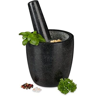 Relaxdays Granieten vijzel met stamper, robuust en duurzaam, specerijen, kruiden, gepolijste steenmortel, Ø 13 cm, 500 ml, zwart Relaxdays Granieten vijzel met stamper, robuust en duurzaam, specerijen, kruiden, gepolijste steenmortel, Ø 13 cm, 500 ml, zwart