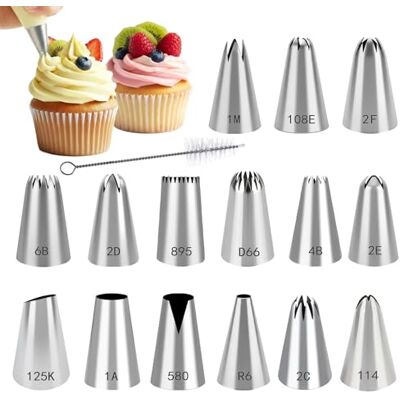 Ruimooto 15 stuks professionele spuitmonden van roestvrij staal 304 voor spuitzak + 1 reinigingsborstel voor cake, cupcakes, koekjes Ruimooto 15 stuks professionele spuitmonden van roestvrij staal 304 voor spuitzak + 1 reinigingsborstel voor cake, cupcakes, koekjes