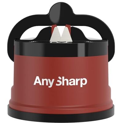 AnySharp Messenslijper, handenvrij, PowerGrip-zuignap, slijpt veilig alle keukenmessen, ideaal voor gehard en gekarteld staal, baksteenrood AnySharp Messenslijper, handenvrij, PowerGrip-zuignap, slijpt veilig alle keukenmessen, ideaal voor gehard en gekarteld staal, baksteenrood