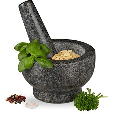 Relaxdays Granieten vijzel met stamper, robuust, voor specerijen, kruiden, gepolijste steenvijzel, d. 13 cm, 250 ml, grijs Relaxdays Granieten vijzel met stamper, robuust, voor specerijen, kruiden, gepolijste steenvijzel, d. 13 cm, 250 ml, grijs