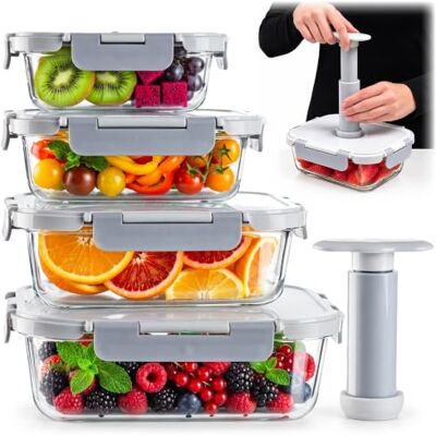KADAX Set van 4 glazen vacuümcontainers (370 ml, 640 ml, 1040 ml, 1520 ml), luchtdichte voorraaddozen met vacuümdeksel en handpomp, luchtdicht, lekvrij KADAX Set van 4 glazen vacuümcontainers (370 ml, 640 ml, 1040 ml, 1520 ml), luchtdichte voorraaddozen met vacuümdeksel en handpomp, luchtdicht, lekvrij
