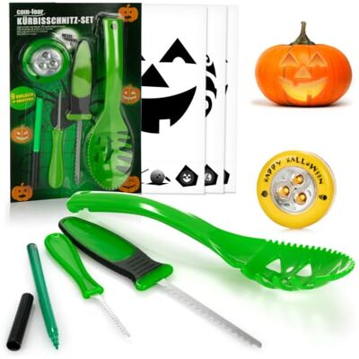 com-four ® 14-delige pompoensnijset voor Halloween Snijgereedschap voor het uithollen van pompoenen mes lepel pen stencils en LED-licht com-four ® 14-delige pompoensnijset voor Halloween Snijgereedschap voor het uithollen van pompoenen mes lepel pen stencils en LED-licht