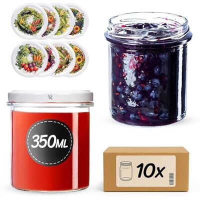 KADAX Set van 10 jampotten 350 ml met schroefdeksel fi82 mm, kleine glazen potten met deksel voor conserveren, bewaren en bewaren (moestuin KADAX Set van 10 jampotten 350 ml met schroefdeksel fi82 mm, kleine glazen potten met deksel voor conserveren, bewaren en bewaren (moestuin