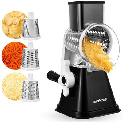 NutriChef Handmatige groente- en kaasrasp, 3 trommels, roestvrij staal 430 staal, BPA-vrij, antislip zuignap, julienne-snijden, courgette, komkommers, prei, aardappel NutriChef Handmatige groente- en kaasrasp, 3 trommels, roestvrij staal 430 staal, BPA-vrij, antislip zuignap, julienne-snijden, courgette, komkommers, prei, aardappel