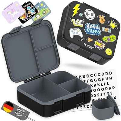 BEARFOOT Bento Box COMPACT BPA-vrije broodtrommel voor kinderen voor school & kleuterschool Lekvrije lunchbox voor meisjes & jongens (Sticker Zwart, 1.000 ml) BEARFOOT Bento Box COMPACT BPA-vrije broodtrommel voor kinderen voor school & kleuterschool Lekvrije lunchbox voor meisjes & jongens (Sticker Zwart, 1.000 ml)